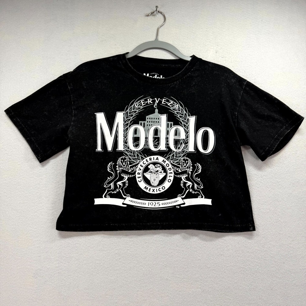 Modelo Cerveza For The Party Crop Top Women Black Graphic Crew Neck Beer Mexico